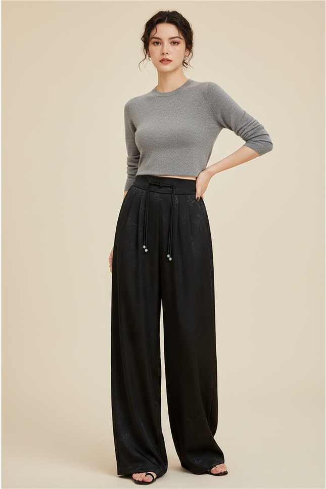 Pantalon Chinois Noir Jacquard Ample Fluide Décontracté - Satin