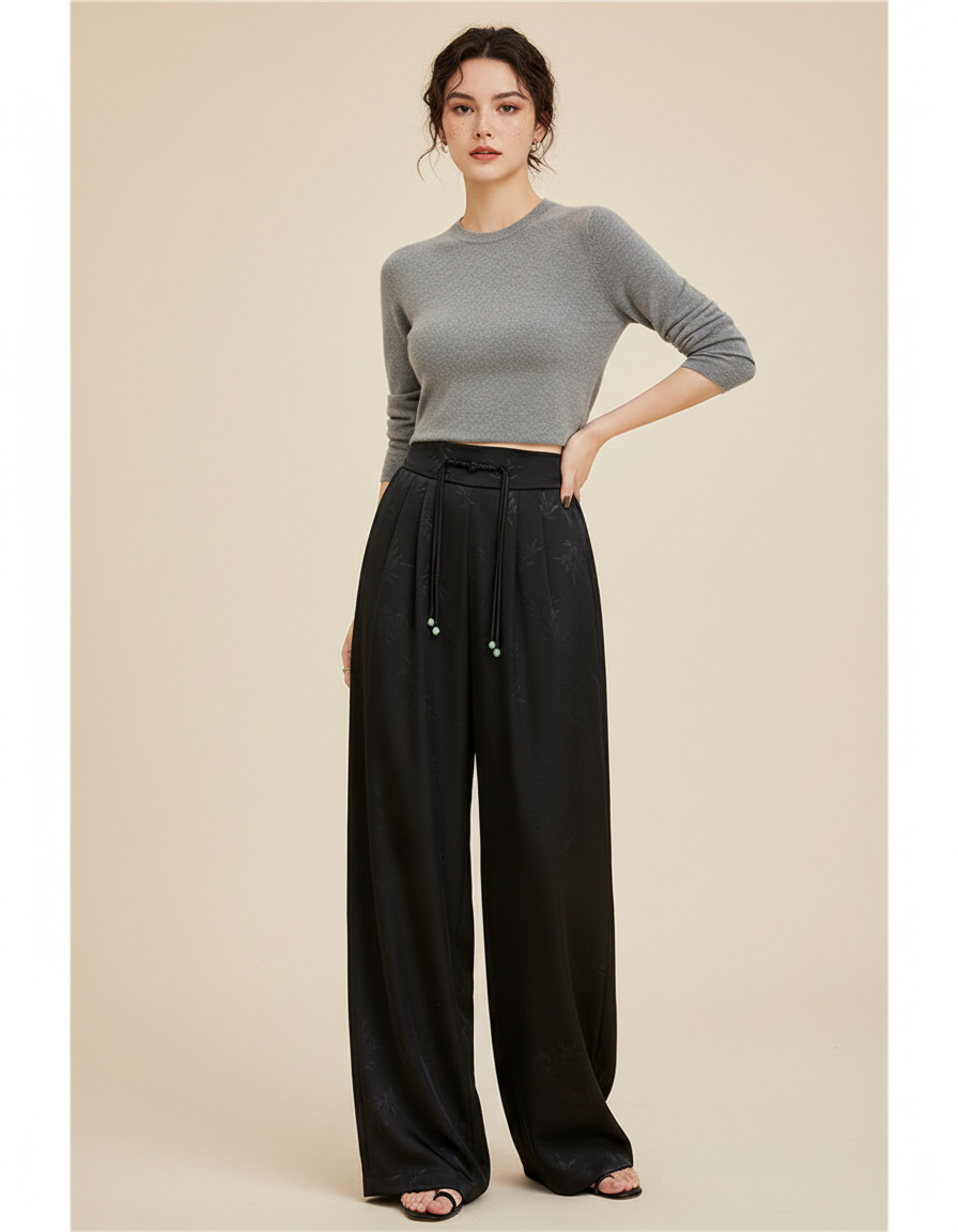 Pantalon Chinois Noir Jacquard Ample Fluide Décontracté - Satin