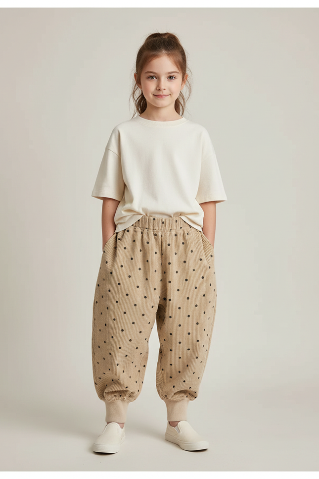 Pantalon Chinois Beige Côtelé Ample Pois Fille Confortable - Cordé