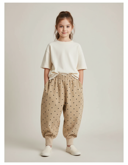 Pantalon Chinois Beige Côtelé Ample Pois Fille Confortable - Cordé