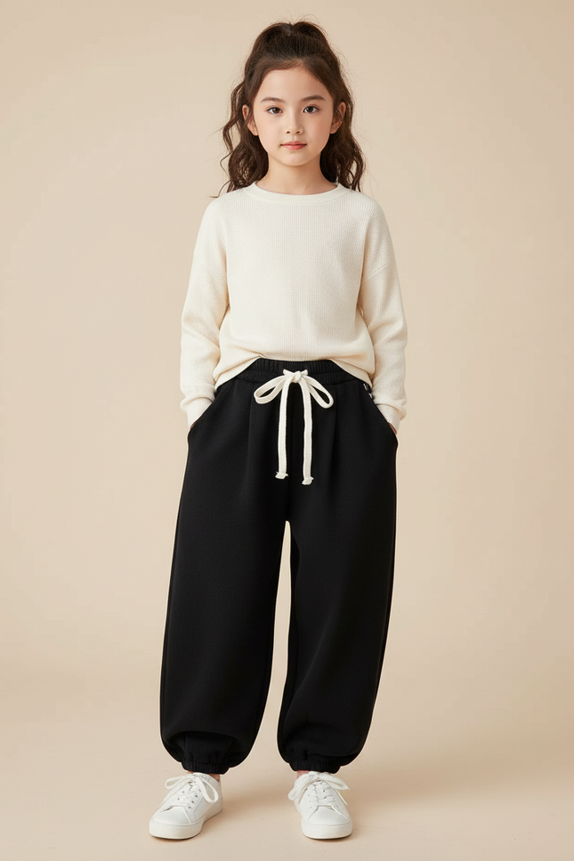 Pantalon Chinois Noir Épais Ample Molleton Enfant