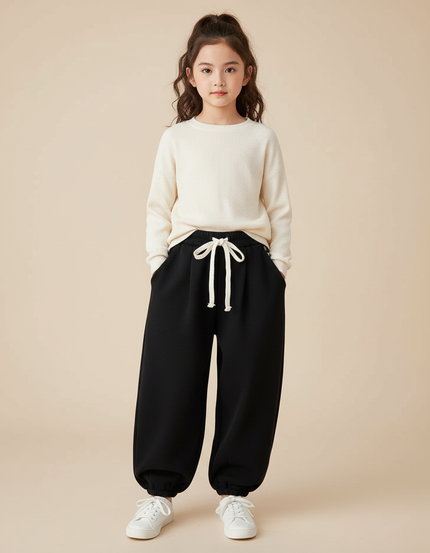 Pantalon Chinois Noir Épais Ample Molleton Enfant