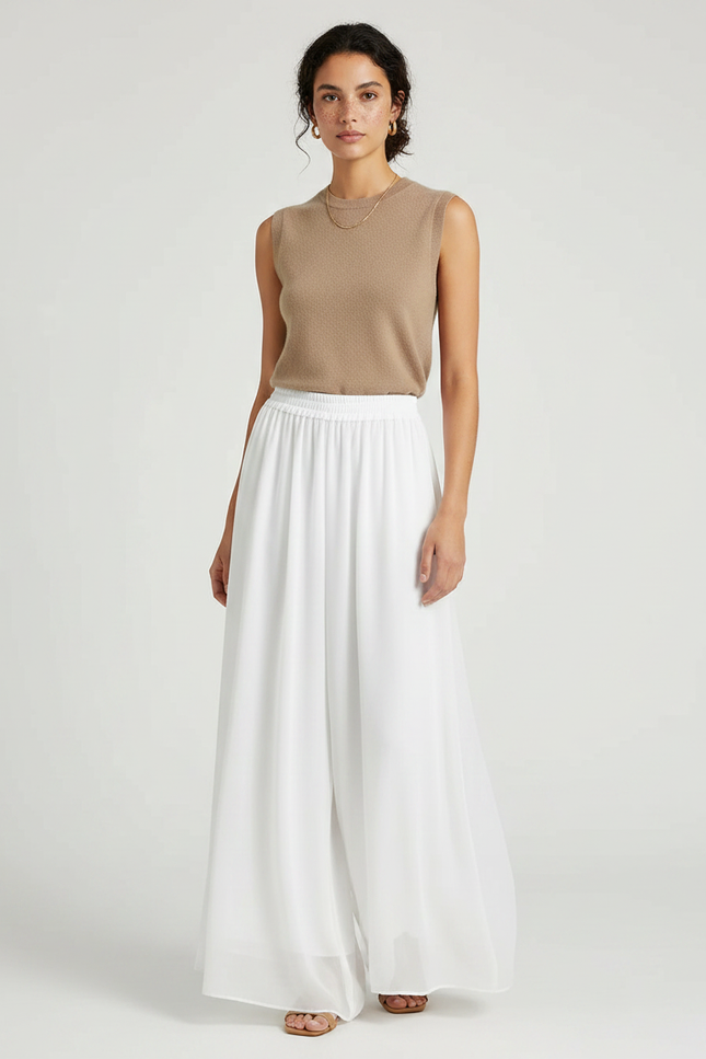 Pantalon Chinois Blanc Fluide Ample Élégant Transparent - Polyester