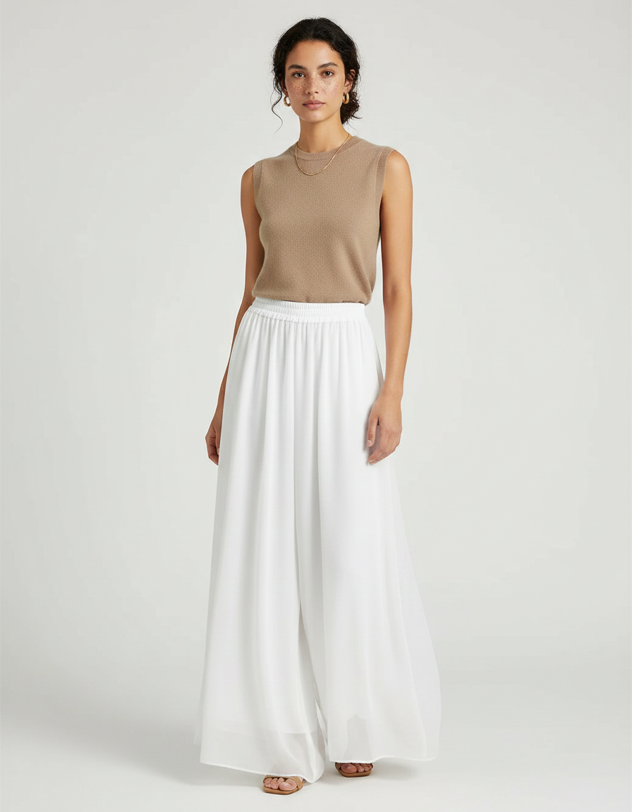 Pantalon Chinois Blanc Fluide Ample Élégant Transparent - Polyester