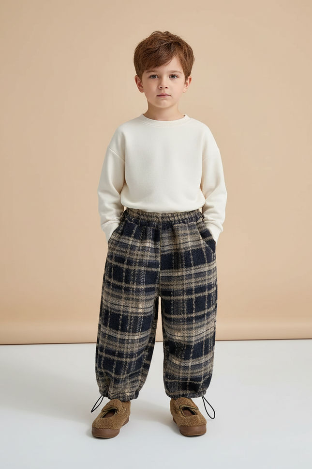 Pantalon Chinois Carreaux Larges Ample Décontracté Enfant - Multicolore Tweed