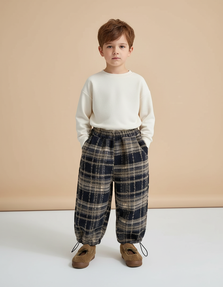 Pantalon Chinois Carreaux Larges Ample Décontracté Enfant - Multicolore Tweed