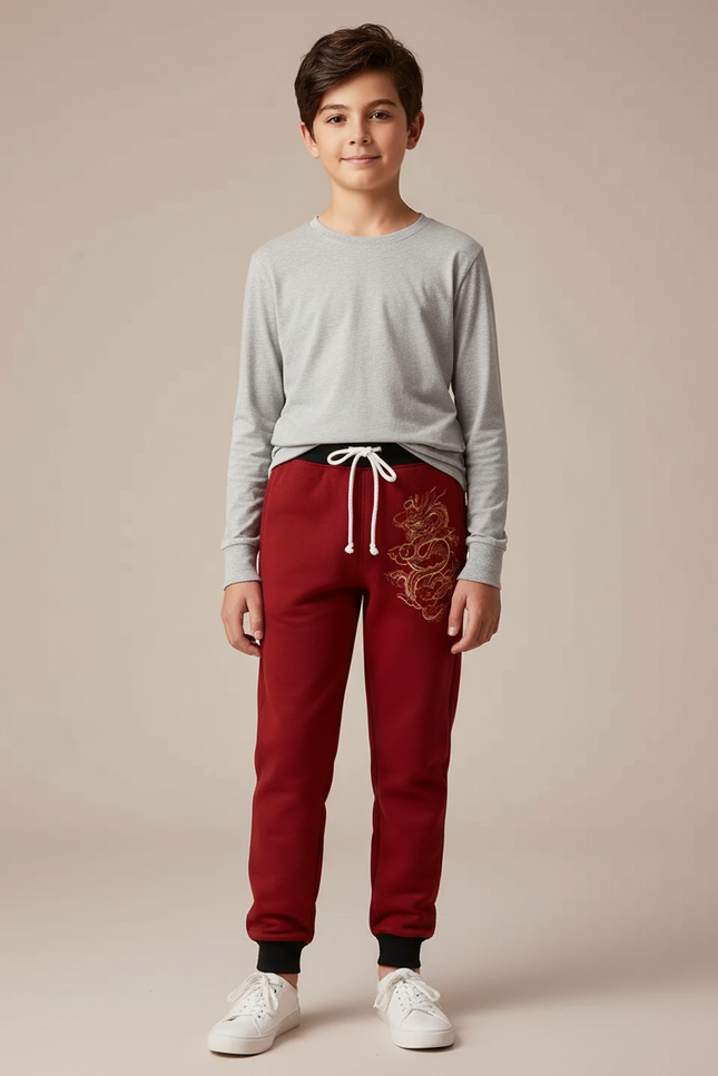 Pantalon Chinois Rouge Cordon Dragon Garçon Molleton Jogger