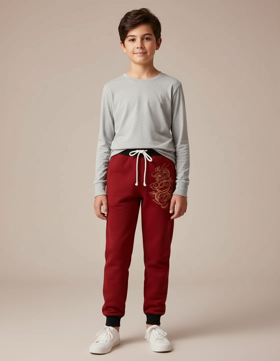 Pantalon Chinois Rouge Cordon Dragon Garçon Molleton Jogger