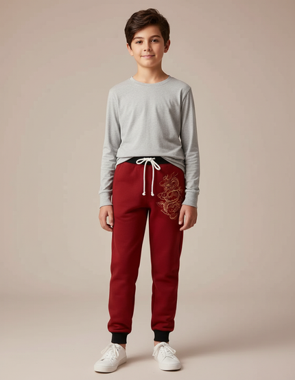 Pantalon Chinois Rouge Cordon Dragon Garçon Molleton Jogger