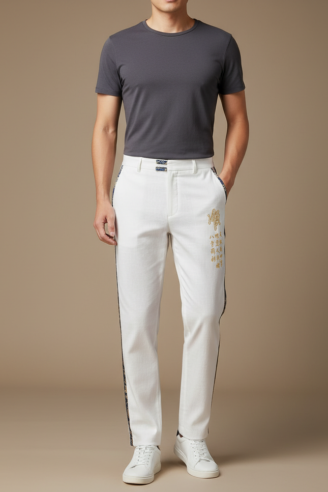 Pantalon Chinois Blanc Droit Brodé Élégant Homme - Lin