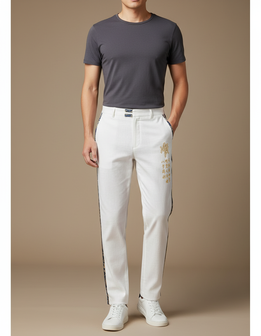Pantalon Chinois Blanc Droit Brodé Élégant Homme - Lin