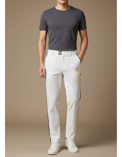 Pantalon Chinois Blanc Droit Brodé Élégant Homme - Lin