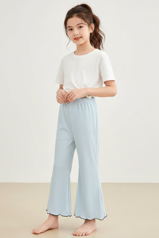 Pantalon Chinois Bleu Côtelé Élastique Ondulé Fille - Maille