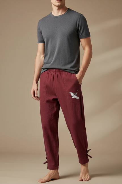 Pantalon Chinois Bordeaux Lin Brodé Grue Décontracté Homme