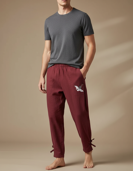 Pantalon Chinois Bordeaux Lin Brodé Grue Décontracté Homme