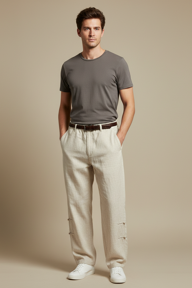 Pantalon Chinois Lin Beige Ample Décontracté Boucles Homme