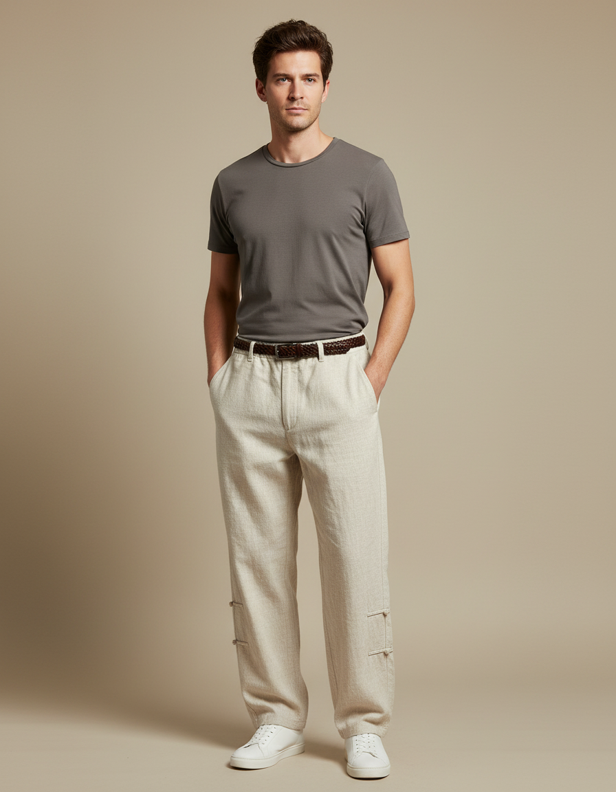 Pantalon Chinois Lin Beige Ample Décontracté Boucles Homme