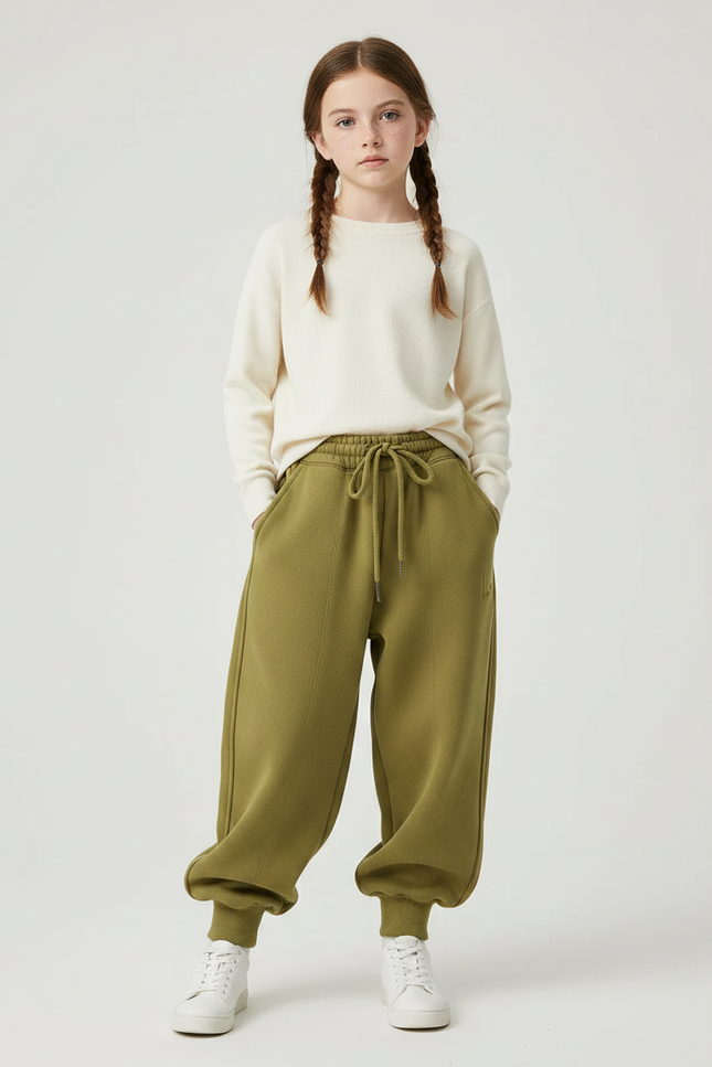 Pantalon Chinois Vert Ample Molletonné Confortable - Kaki