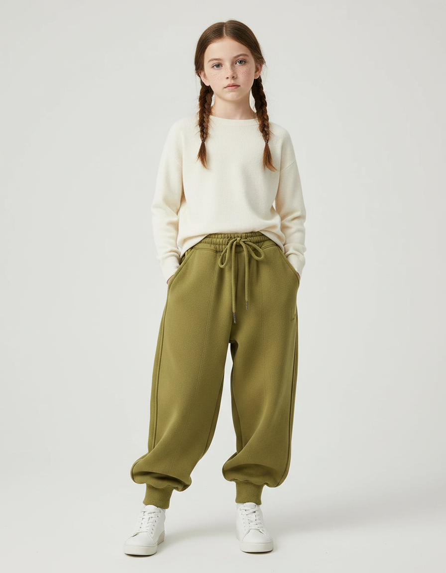 Pantalon Chinois Vert Ample Molletonné Confortable - Kaki