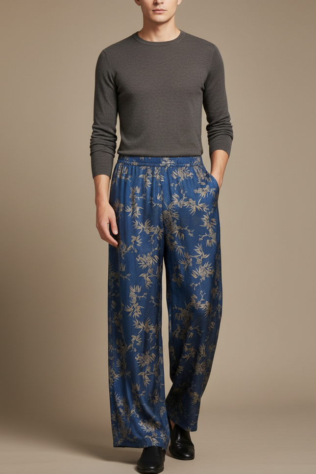 Pantalon Chinois Bleu Imprimé Floral Ample Fluide Ethnique - Viscose