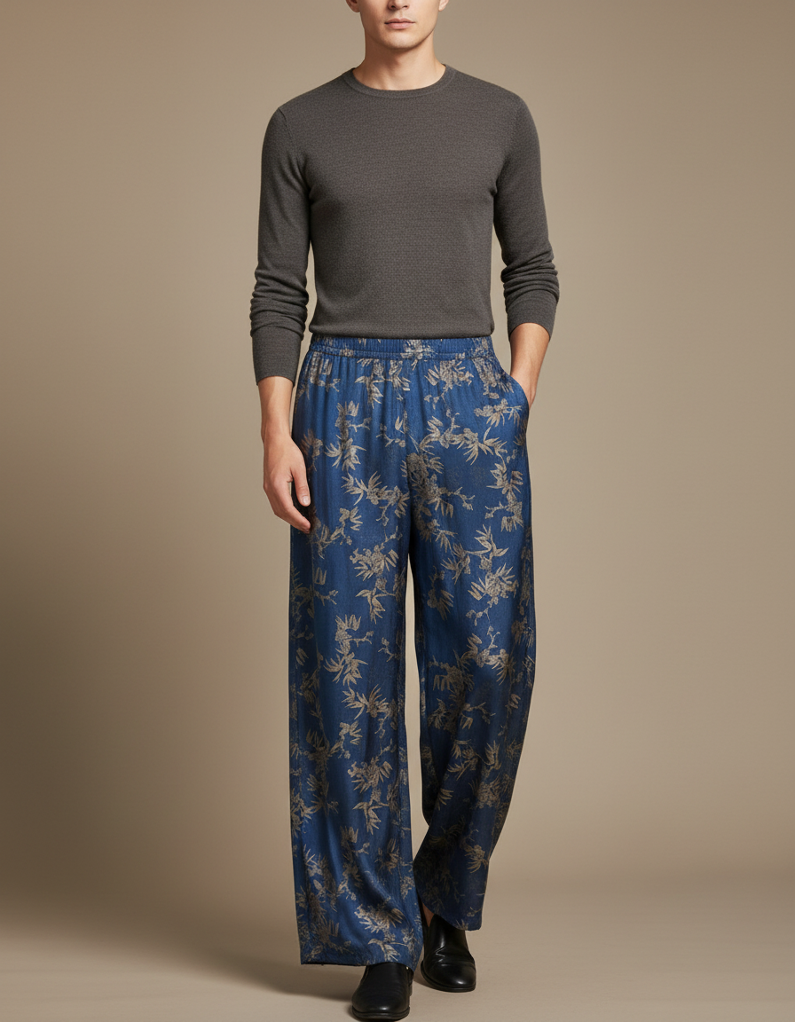 Pantalon Chinois Bleu Imprimé Floral Ample Fluide Ethnique - Viscose