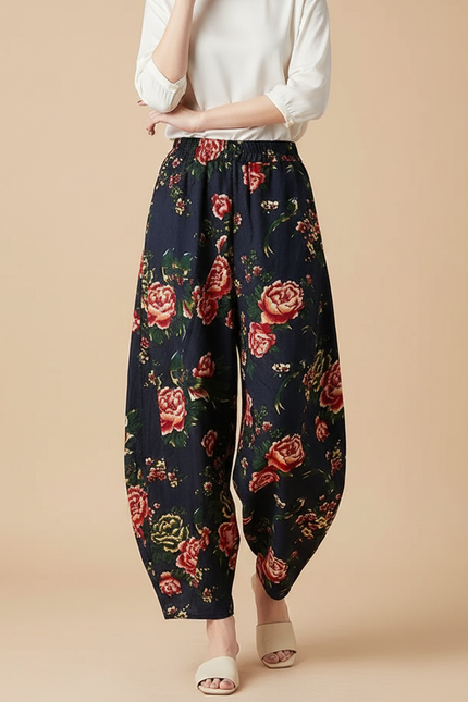 Pantalon Chinois Harem Fleuri Lin Coton Rétro Ample - Marine