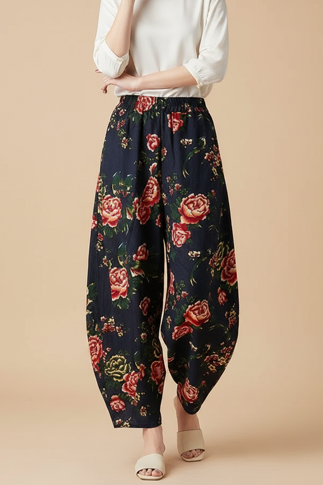 Pantalon Chinois Harem Fleuri Lin Coton Rétro Ample - Marine