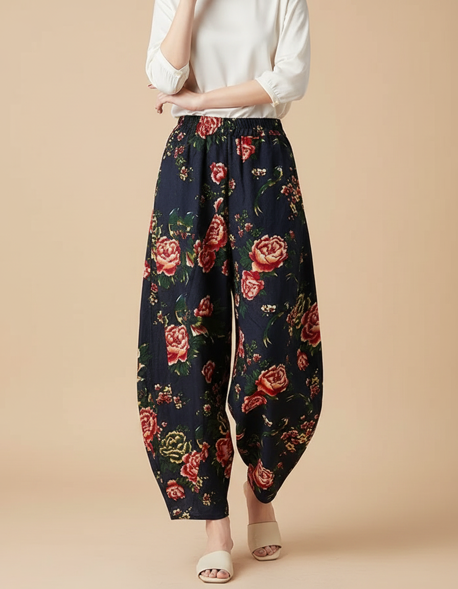 Pantalon Chinois Harem Fleuri Lin Coton Rétro Ample - Marine