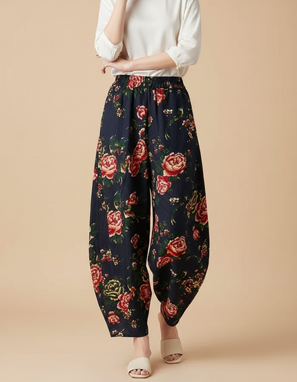 Pantalon Chinois Harem Fleuri Lin Coton Rétro Ample - Marine