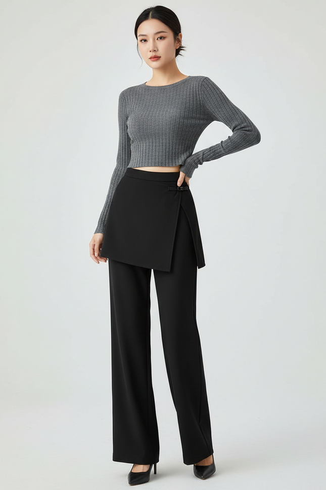 Pantalon Chinois Noir Jupe-culotte Élégant Droit Fluide Femme - Polyester