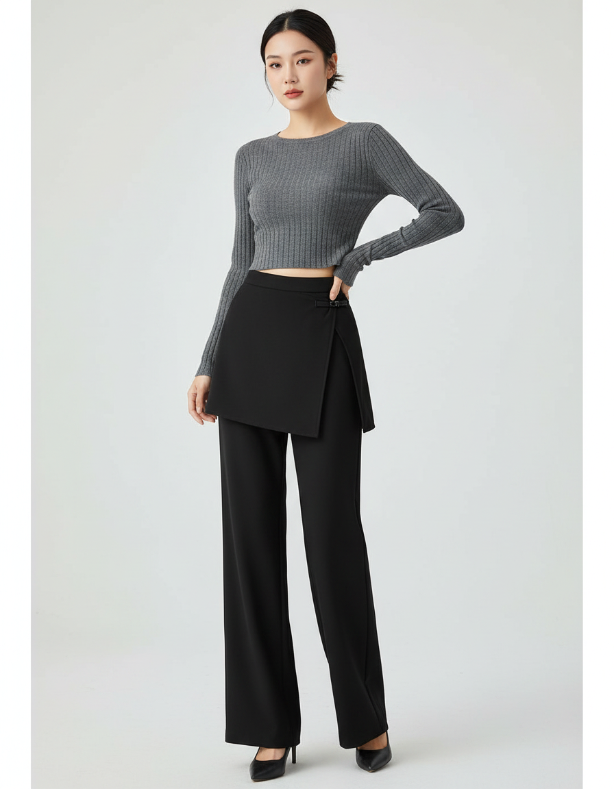 Pantalon Chinois Noir Jupe-culotte Élégant Droit Fluide Femme - Polyester