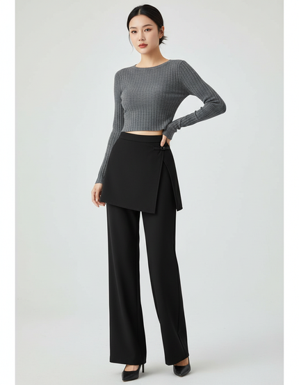 Pantalon Chinois Noir Jupe-culotte Élégant Droit Fluide Femme - Polyester