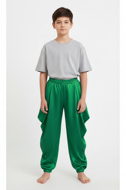 Pantalon Chinois Vert Satiné Ample Harem Garçon