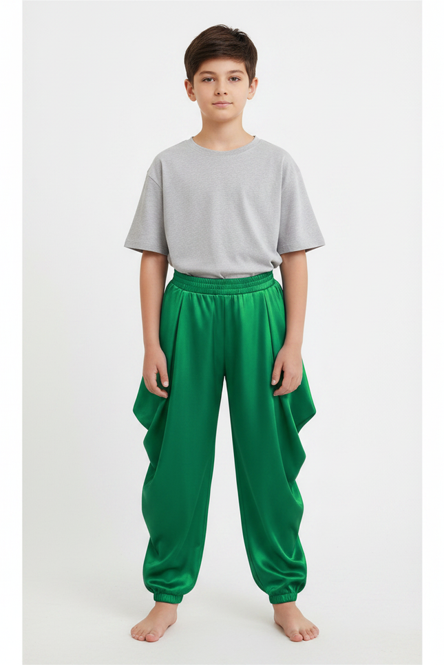 Pantalon Chinois Vert Satiné Ample Harem Garçon