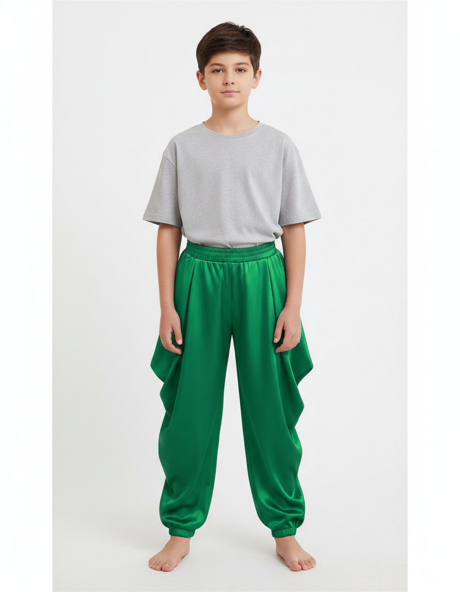 Pantalon Chinois Vert Satiné Ample Harem Garçon