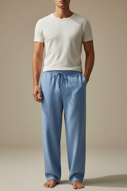 Pantalon Chinois Bleu Lin Ample Cordon Homme