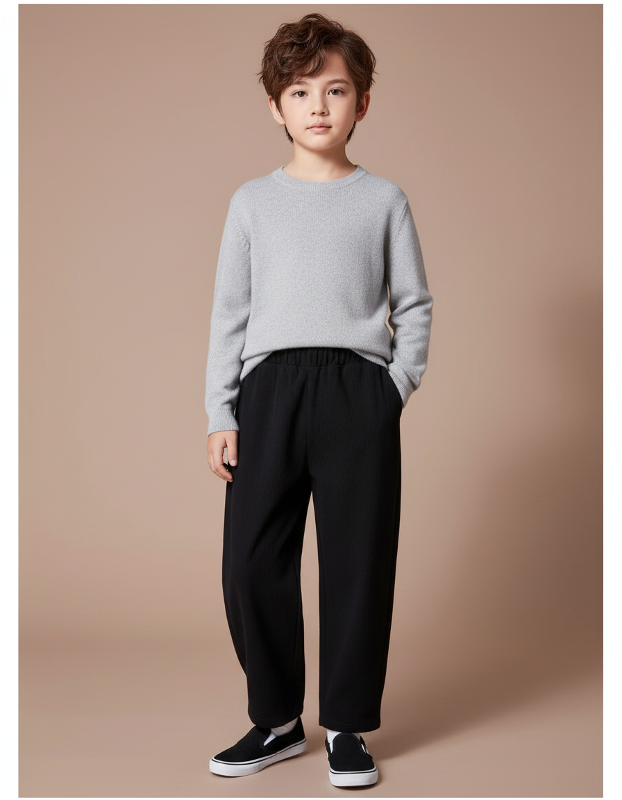 Pantalon Chinois Noir Ample Côtelé Enfant Décontracté - Cordé