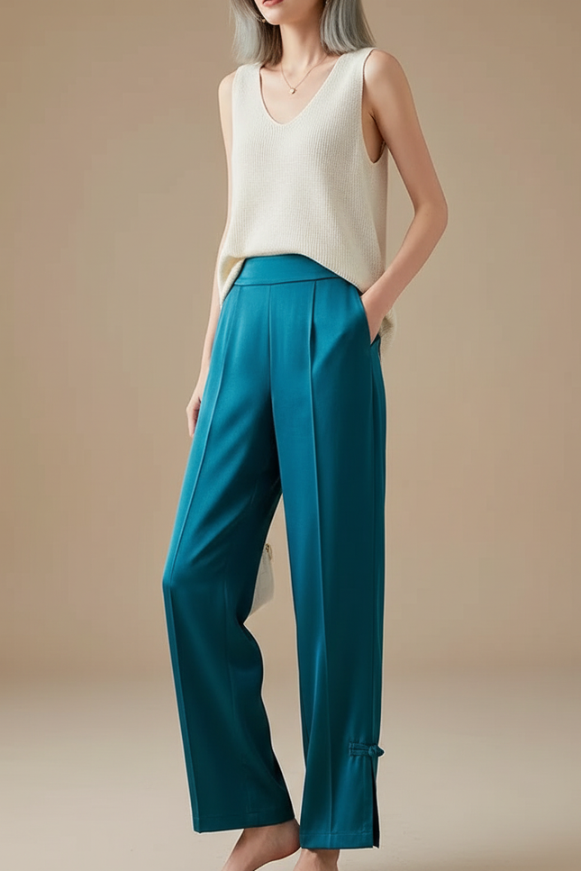 Pantalon Chinois Bleu Canard Ample Fluide Nœuds Femme - Satin