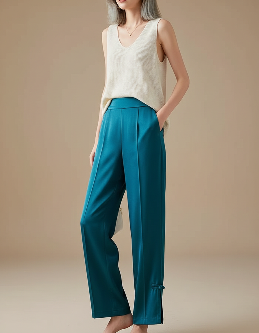 Pantalon Chinois Bleu Canard Ample Fluide Nœuds Femme - Satin