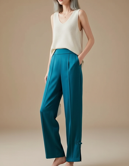 Pantalon Chinois Bleu Canard Ample Fluide Nœuds Femme - Satin
