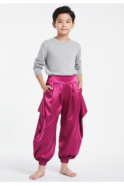 Pantalon Chinois Satin Fuchsia Ample Bouffant Enfant - Rose