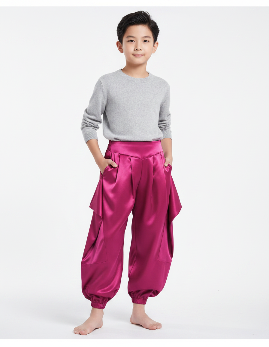 Pantalon Chinois Satin Fuchsia Ample Bouffant Enfant - Rose