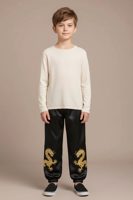 Pantalon Chinois Noir Satin Dragon Brodé Garçon