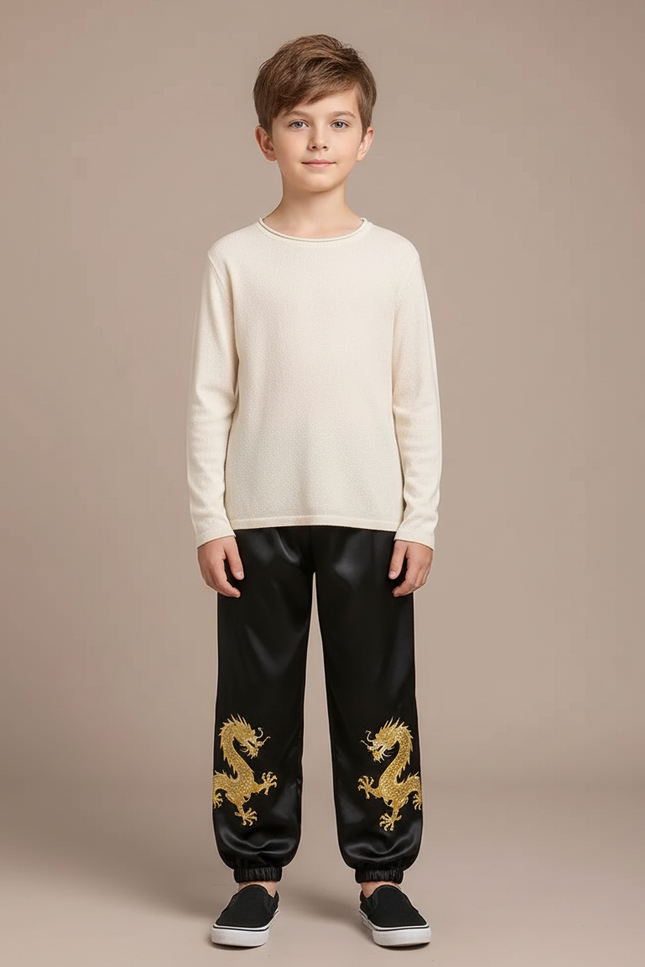 Pantalon Chinois Noir Satin Dragon Brodé Garçon