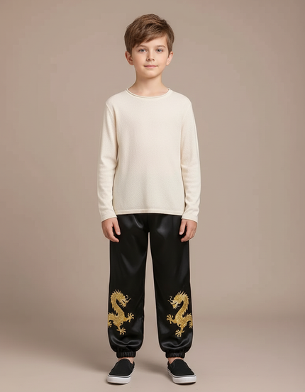 Pantalon Chinois Noir Satin Dragon Brodé Garçon