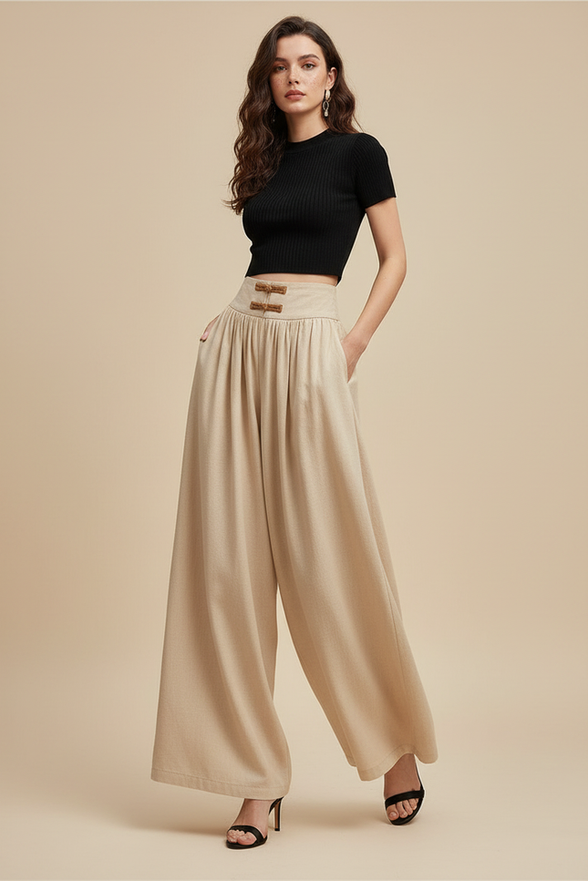 Pantalon Chinois Beige Plissé Ample Fluide Femme - Viscose