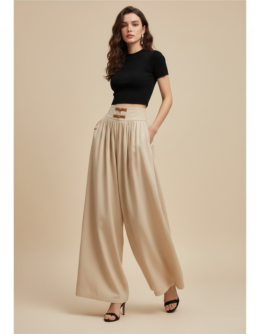 Pantalon Chinois Beige Plissé Ample Fluide Femme - Viscose