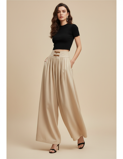 Pantalon Chinois Beige Plissé Ample Fluide Femme - Viscose