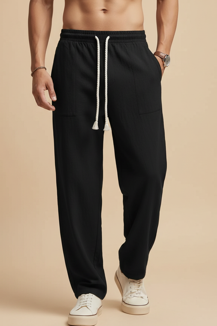 Pantalon Chinois Noir Ample Coton Lin Décontracté