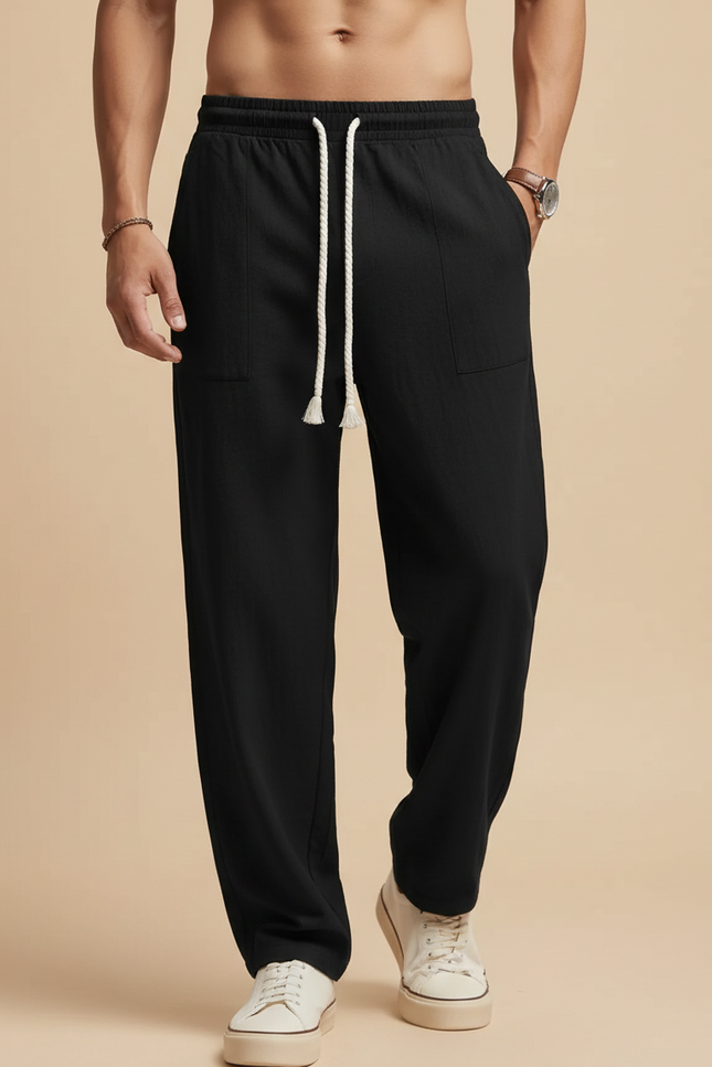 Pantalon Chinois Noir Ample Coton Lin Décontracté